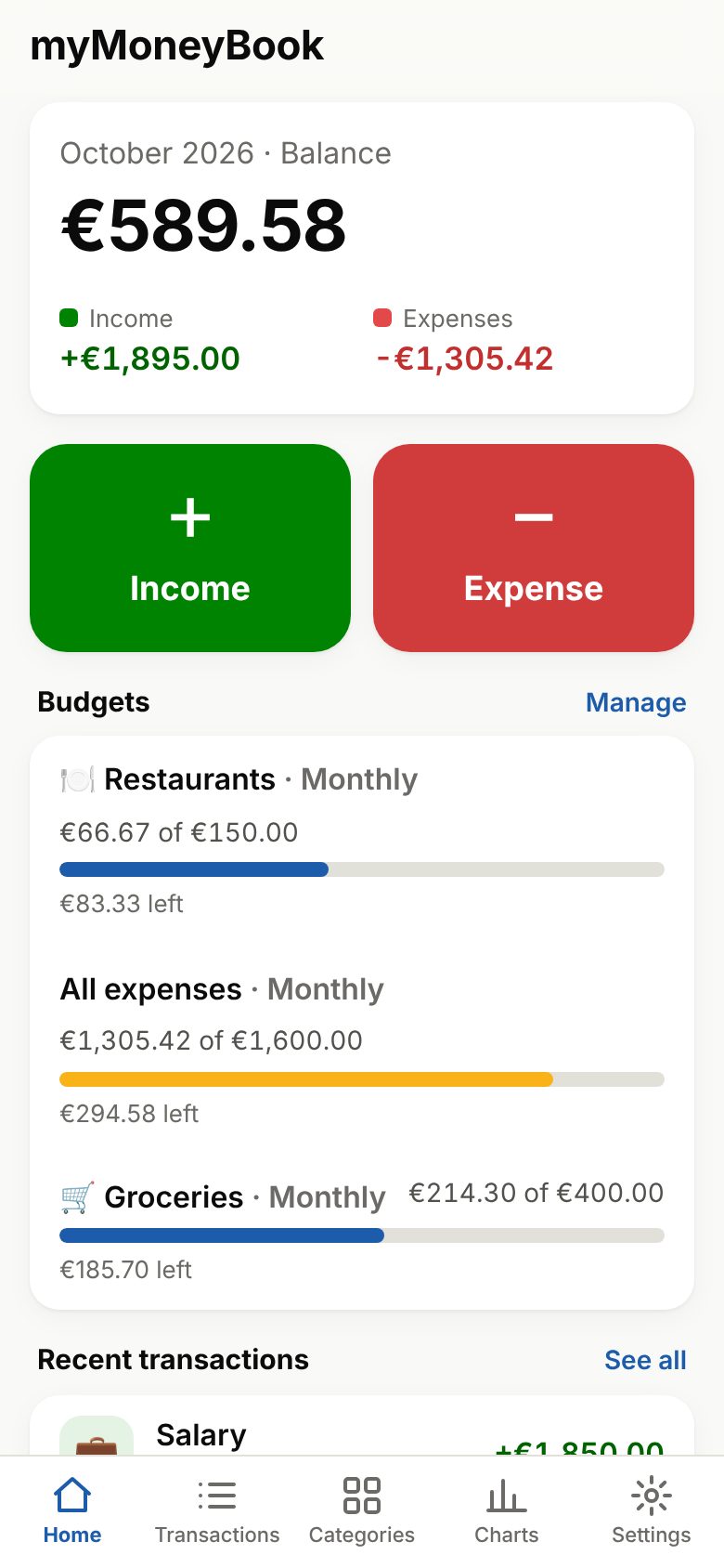 Home screen: monthly balance, Income and Expense buttons, budgets