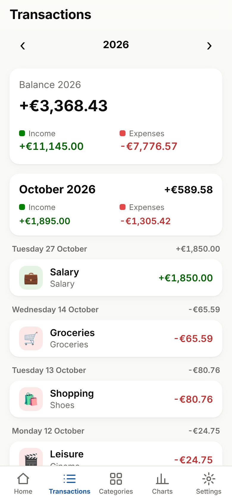 List of the year's transactions with balance and monthly totals
